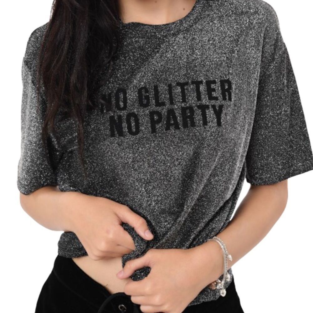 Metallic Gray No Glitter No Party Crew Neck Short Sleeve Top NEW
